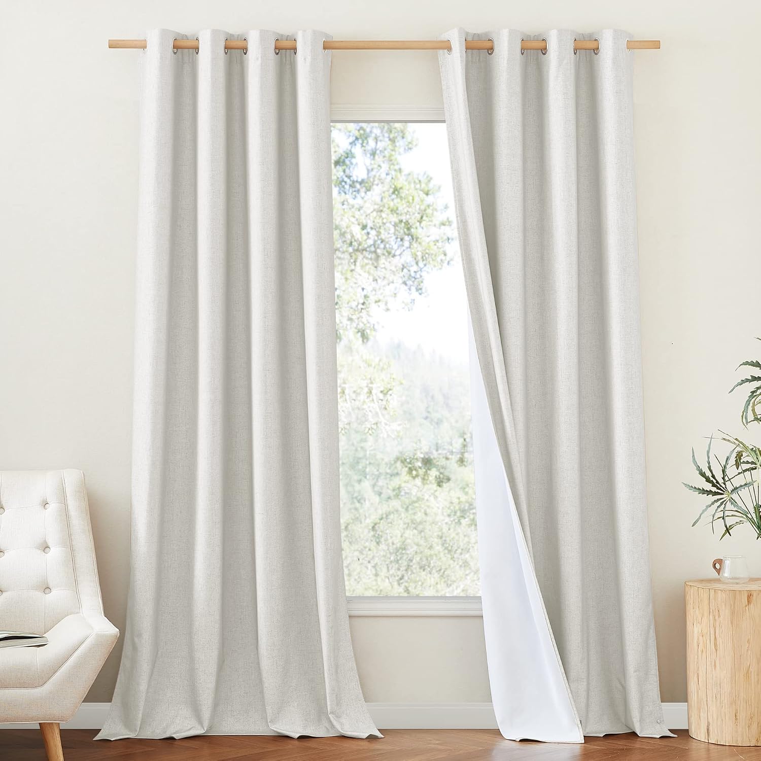 NICETOWN 100% Absolutely Blackout Linen Curtains with Thermal Insulated White Liner, Natural, W52, 2 Pieces, Noise Reducing Textured…