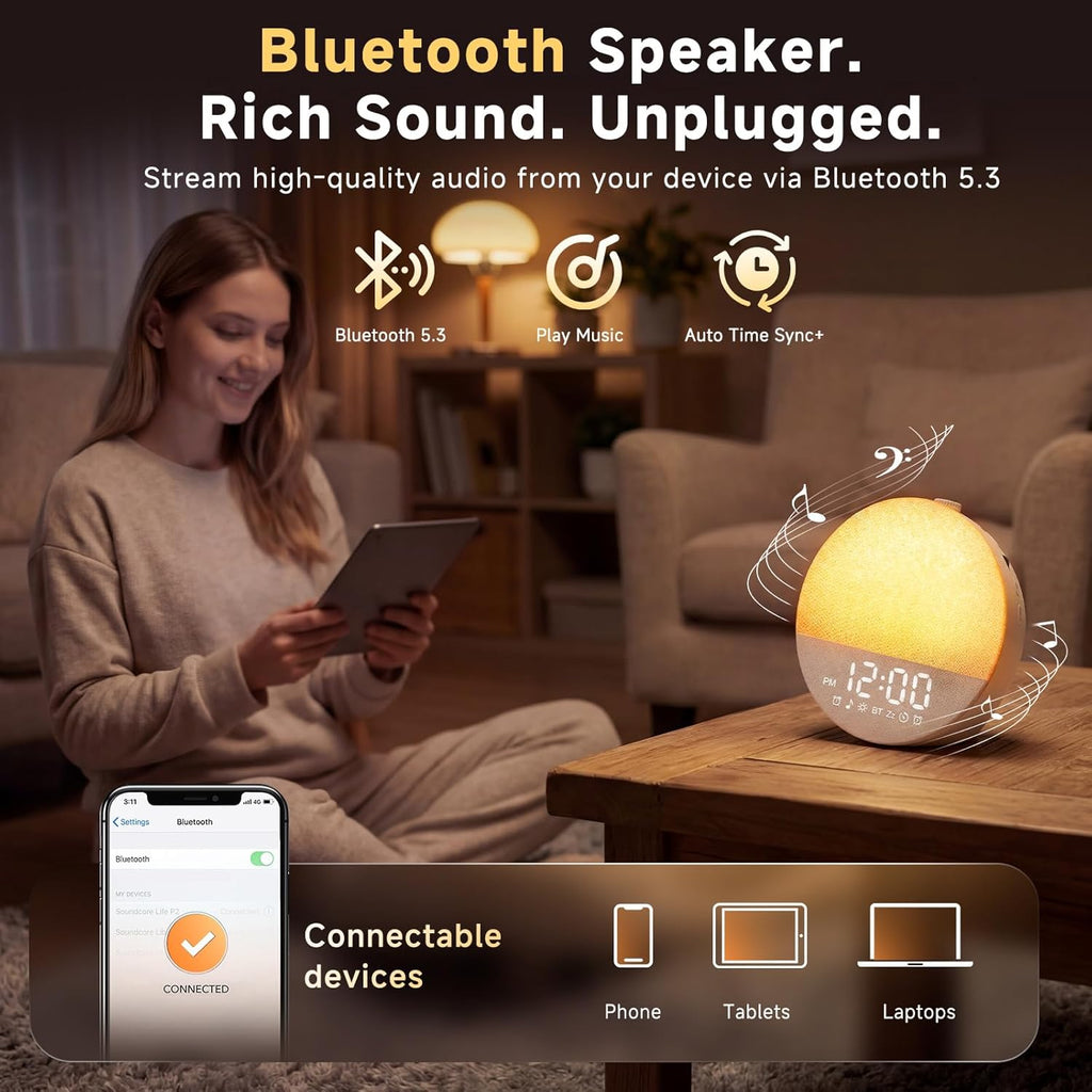 Geuuap Sunrise Alarm Clock White Noise Machine | Natural Wake-Up Light for Bedroom with 30 Soothing Sleep Aids, Bluetooth Speaker…