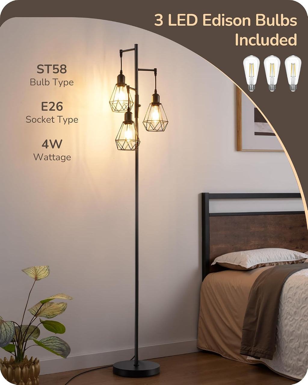 Edishine 70IN Farmhouse Floor Lamps for Living Room, Dimmable Industrial Tall Standing Lamps 3 LED Edison Bulbs Included, Diamond-Shaped Ca…