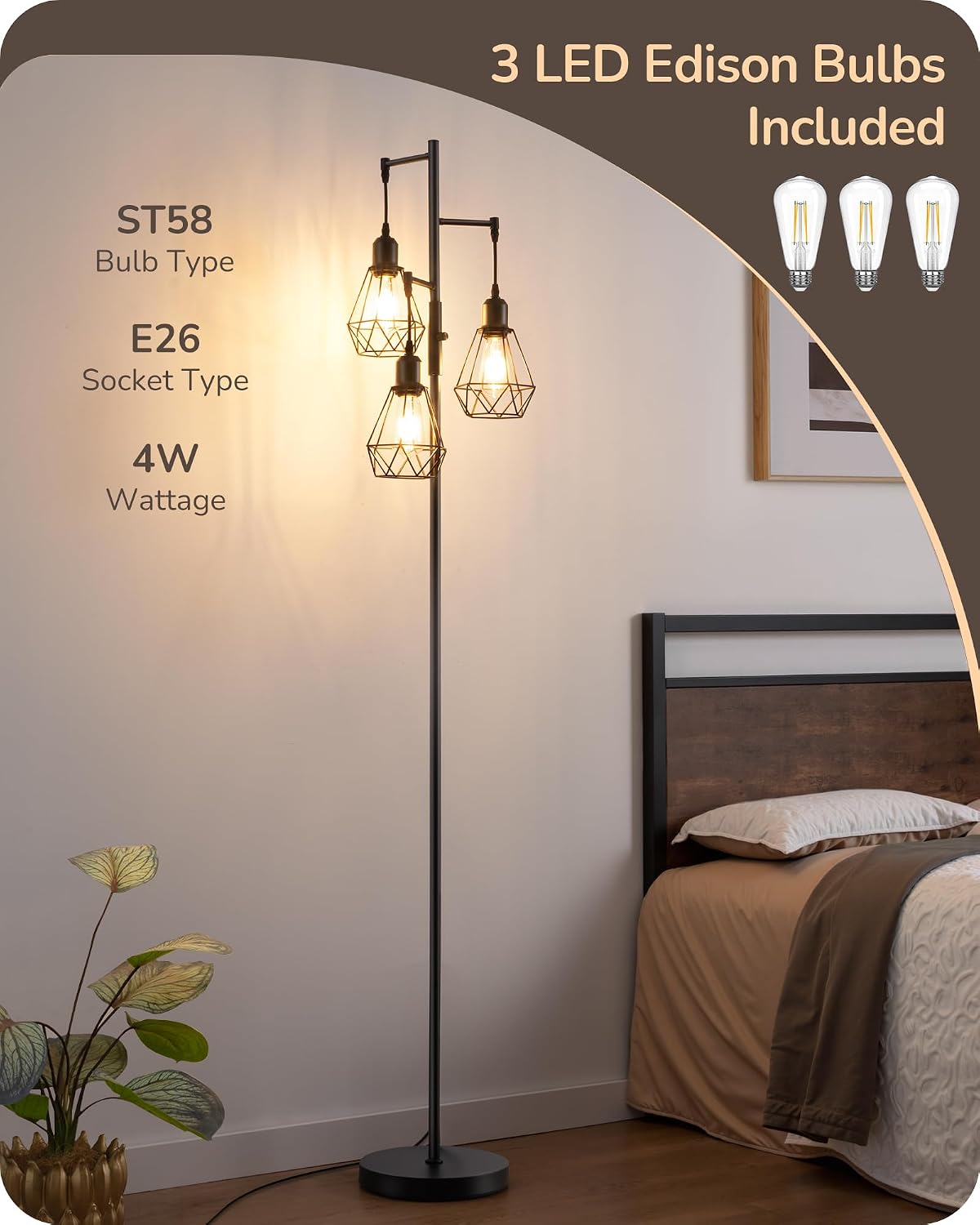 Edishine 70IN Farmhouse Floor Lamps for Living Room, Dimmable Industrial Tall Standing Lamps 3 LED Edison Bulbs Included, Diamond-Shaped Ca…