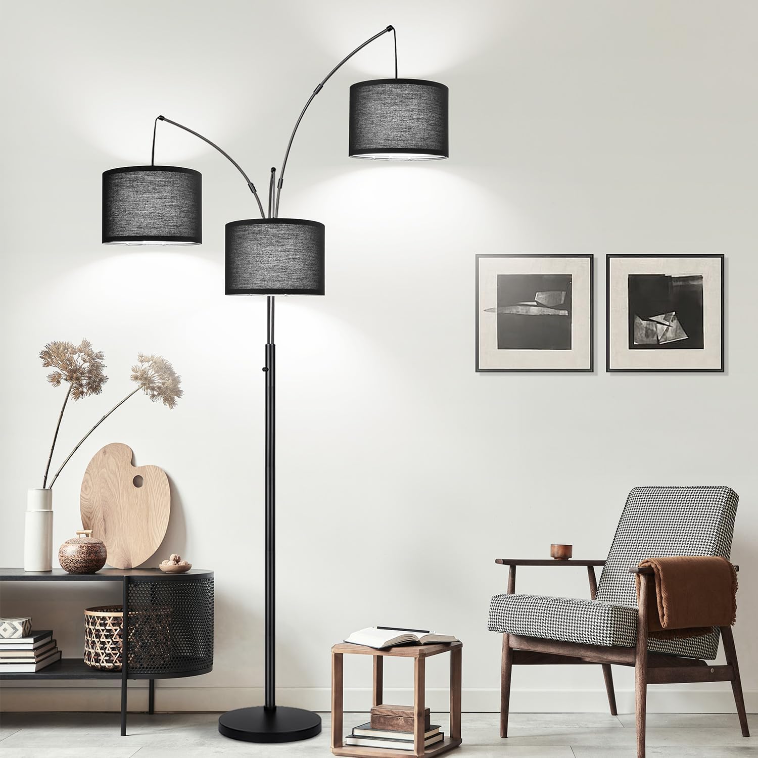 Dimmable Floor Lamp, 3 Light Arc Floor Lamp, Modern Tall Standing Tree Lamp with Black Shades & Heavy Base, 3000LM Cool White LED Bulbs…