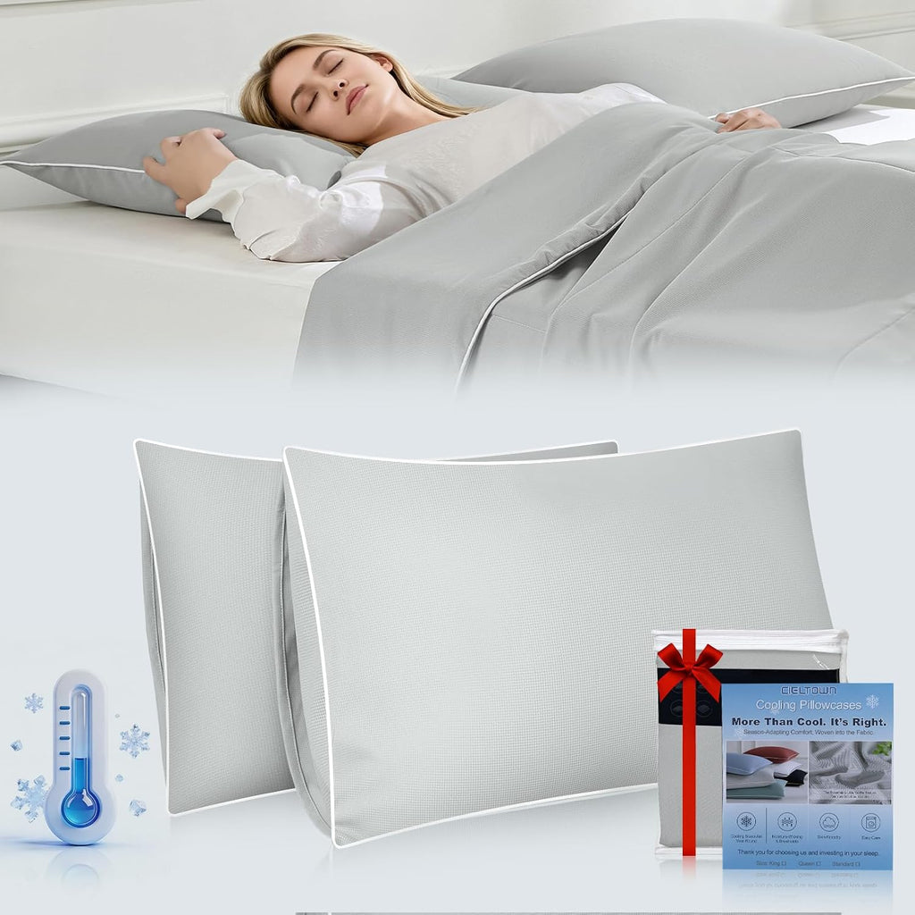 Cieltown Cooling Pillow Cases for Hot-Sleepers: Q-Max ≥0.4 Nylon Spandex Cool-to-Touch for Night Sweats - Waffle Weave for Dry & Com…
