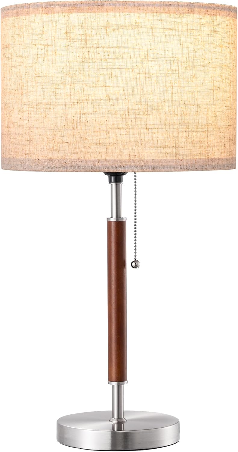 EDISHINE Mid Century Table Lamp, Solid Wood and Metal Bedside Lamp with Pull Chain Switch & Beige Linen Shade, Retro Nightstand Lamp for…