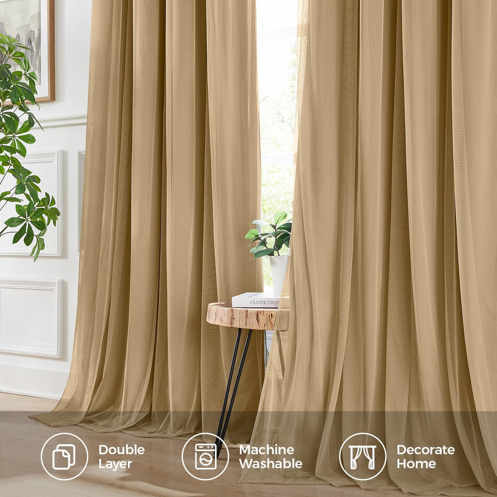 Swandream Blackout Curtains for Bedroom, Double Layer Khaki Curtains, Black Out Curtain 90 inch Long with Sheer Overlay for Living Room, Ro…