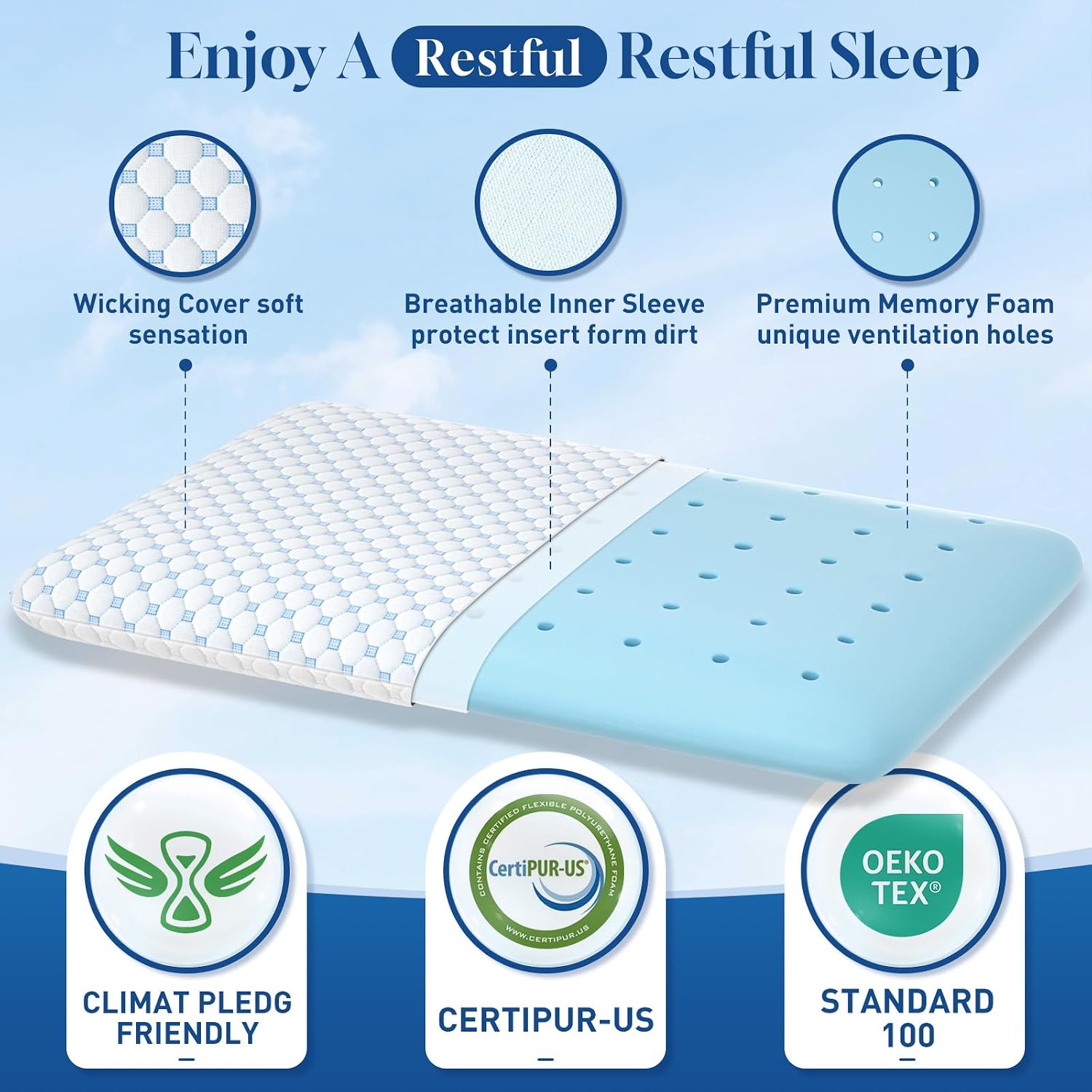 CloudBliss Ultra 3.3” Pillows for Side | Back | Stomach Sleepers, Memory Foam Flat Pillow, Low Profile Sleeper Pillows with Double Sid…