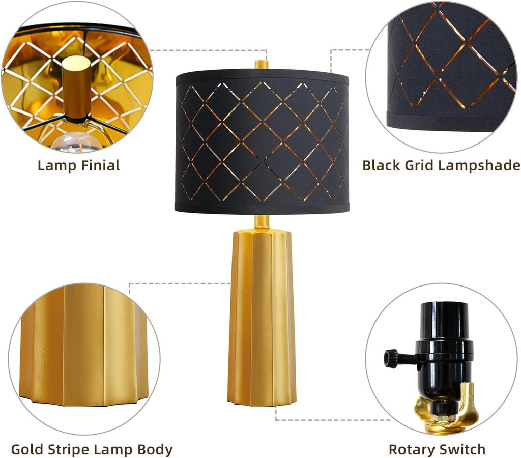 24" Modern Table Lamp for Living Room Bedroom, Gold Nightstand Resin Lamp with Black Grid Shade