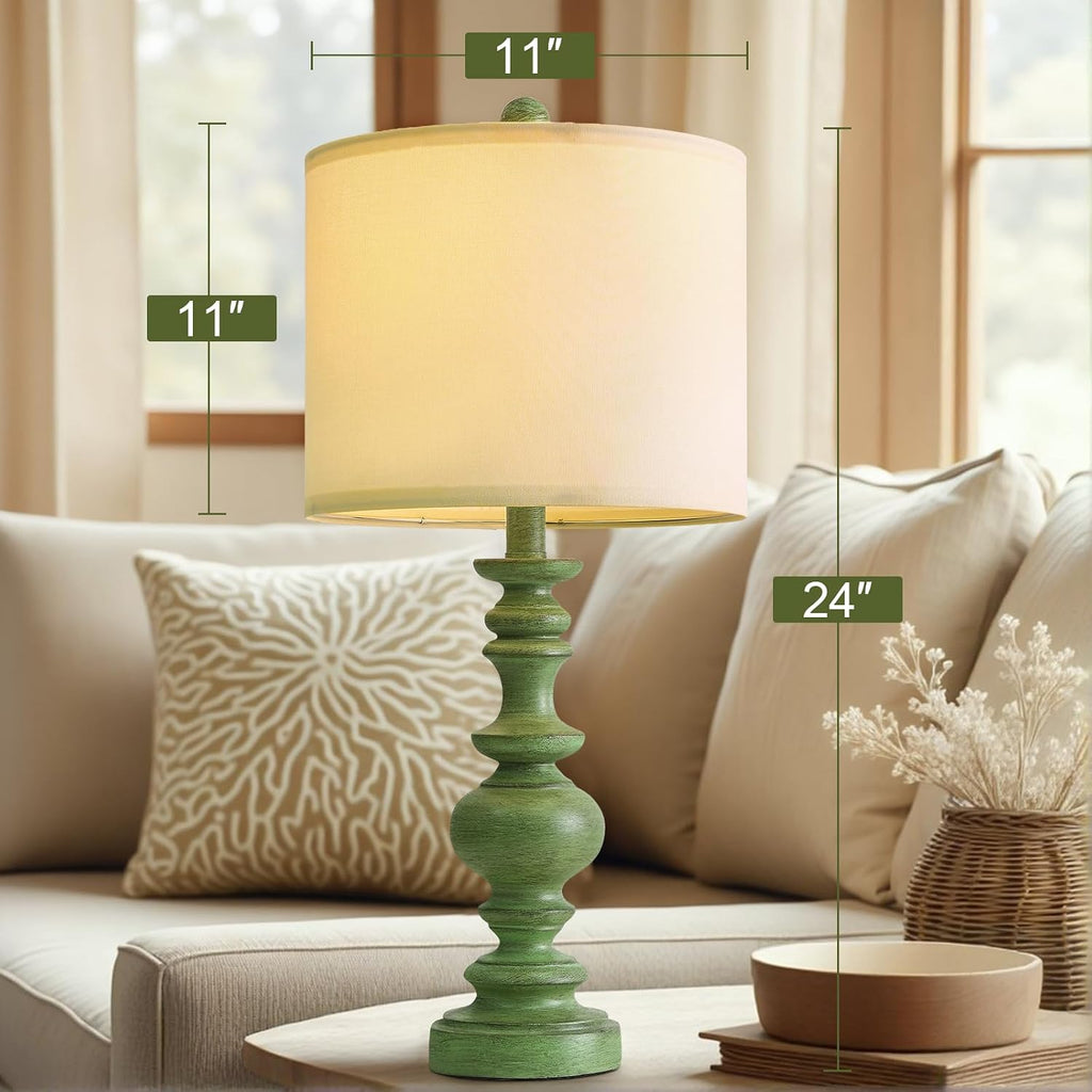 BOBOMOMO 24" Farmhouse Table Lamps Set of 2 – Sage Green Bedside Lamps with Linen Shades, Medium Traditional Lamps for Living Room…