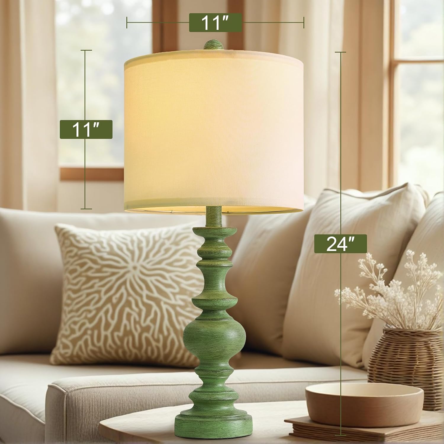 BOBOMOMO 24" Farmhouse Table Lamps Set of 2 – Sage Green Bedside Lamps with Linen Shades, Medium Traditional Lamps for Living Room…