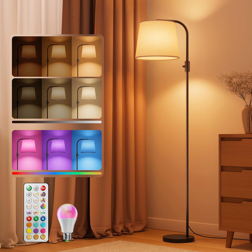 Dimmable Arc Floor Lamp, 1200 Lumens RGBCW Color Change Bulb Included, Standing Lamp with Linen Shade, 65" Tall Lamp with Remote for…