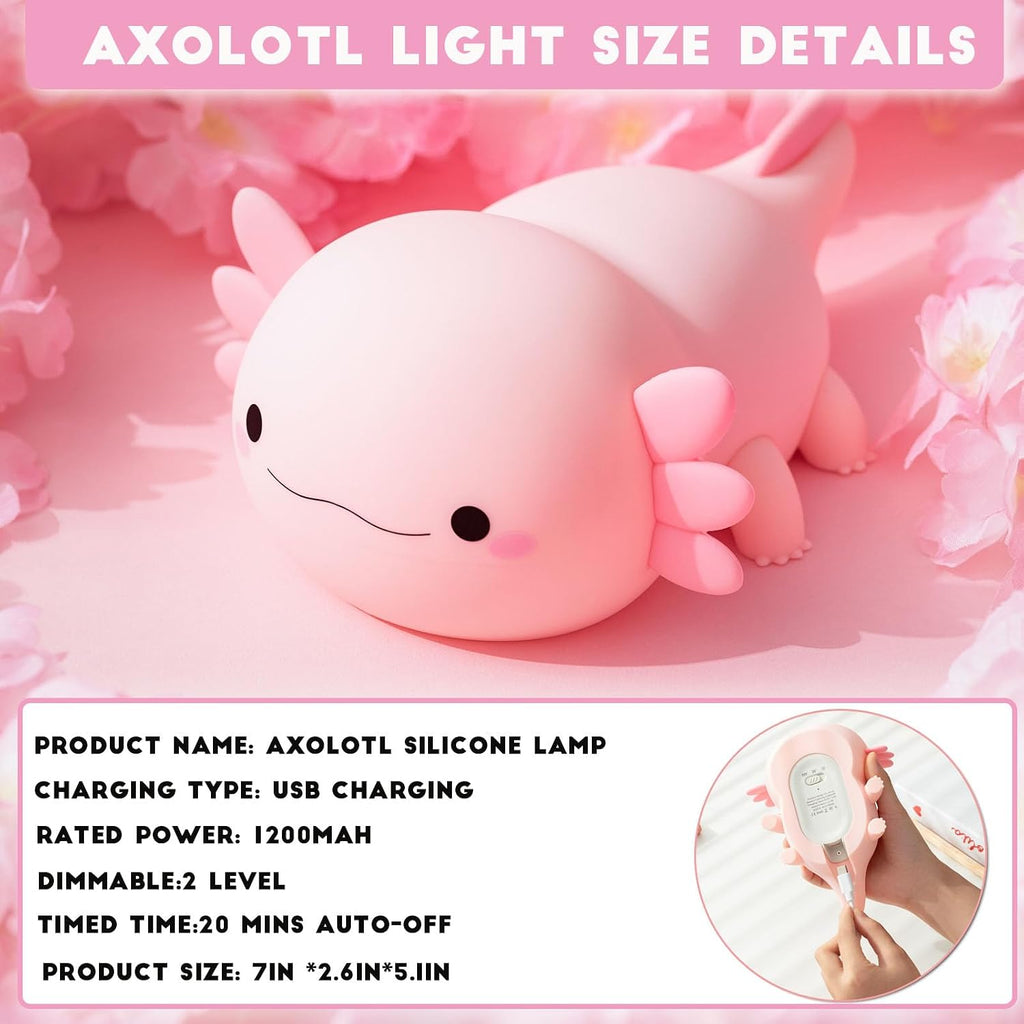 HAPPYBAG Axolotl Night Light, Cute Axolotl lamp Gifts for Kids, Dimmable Silicone Animal Nursery Night Light, Kawaii Rechargeable Bedside…