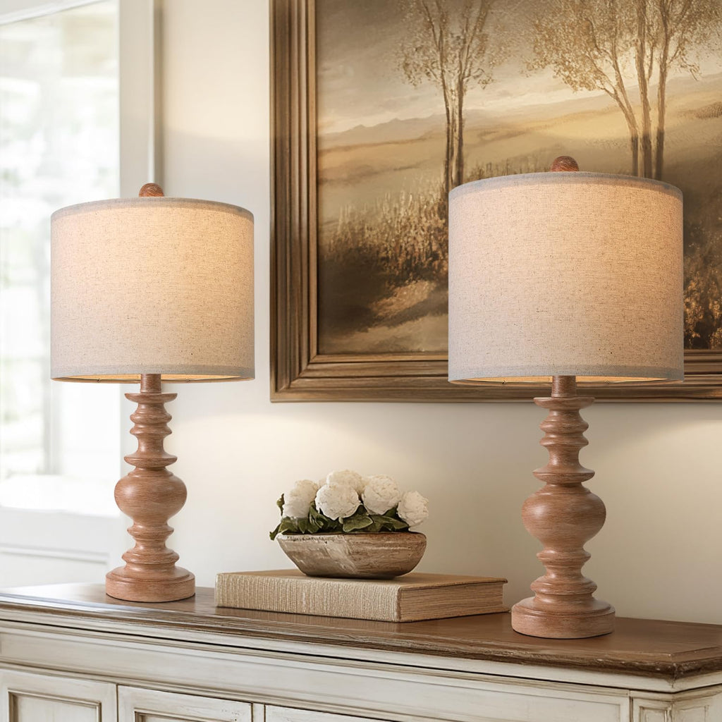 BOBOMOMO 20" Rustic Bedside Lamps Set of 2- Vintage Resin Table Lamps for Nightstands with Linen Shades, Farmhouse Lamps for Living Room…
