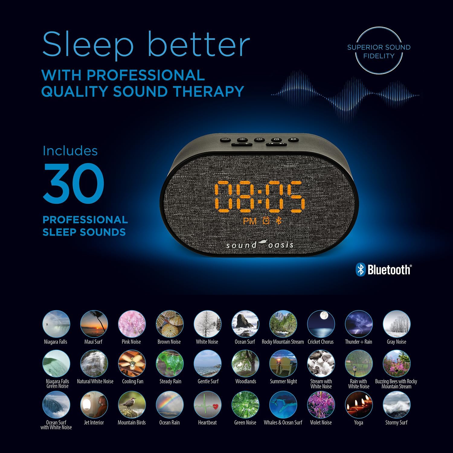 SoundOasis Sound Oasis® Bluetooth® Sleep Sound relaxation System® Alarm Clock - Sleep Better, Manage and Mask Tinnitus, 30 Built-in…