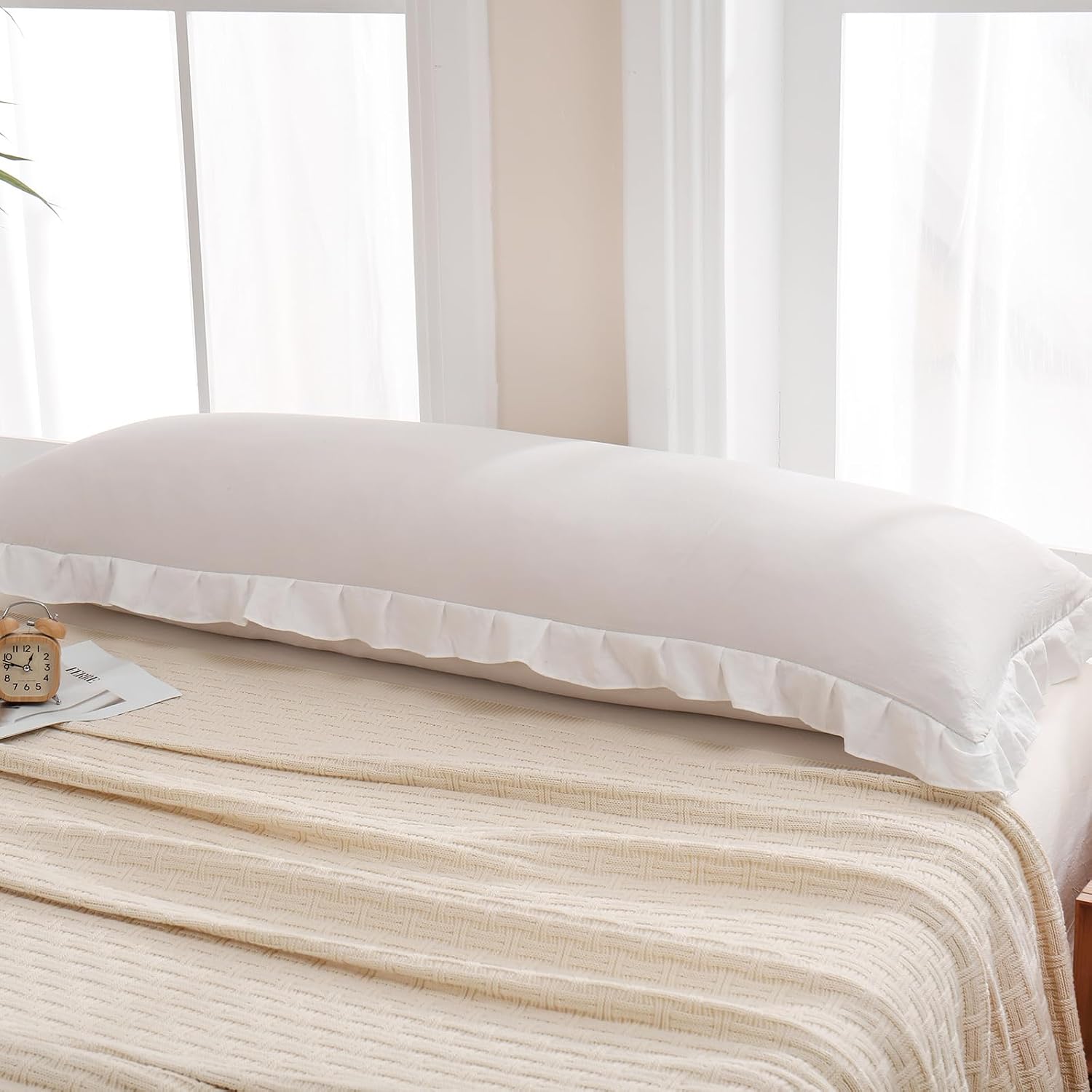 Merryword Beige Body Pillow Cover 20x54inches Beige and White Reversible Long Pillowcase Ruffled Body Pillowcases Cute Pillowcase Pillow Sh…