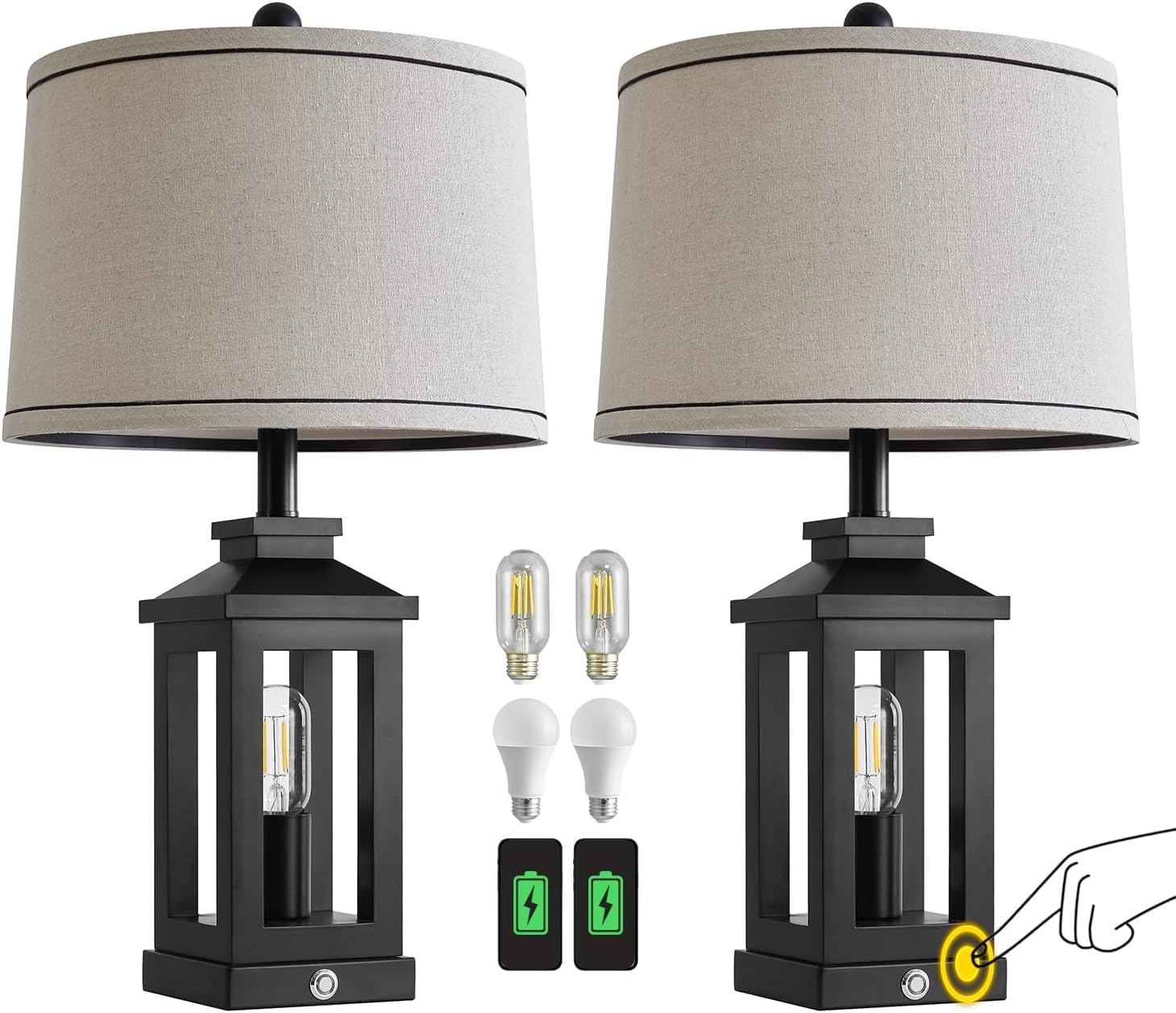 G-SAFAVA 23.75" Retro Farmhouse Black Table Lamp for Living Room Bedroom Nightstand Set of 2 Touch Control Bedside Nightlight Vintage…