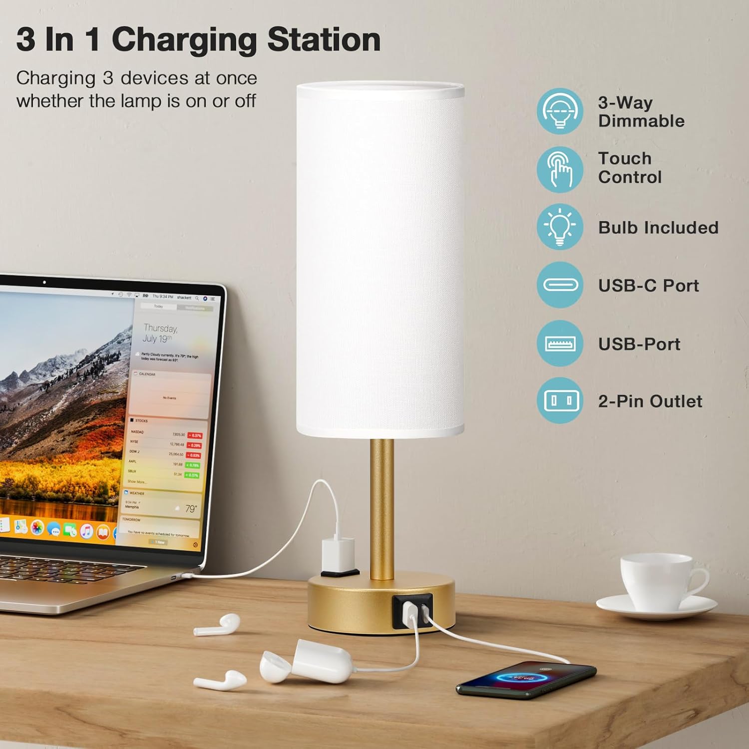 Fenmzee Gold Touch Lamp for Bedroom- 3 Way Dimmable Bedside Lamp USB C A Charging Ports and AC Outlet, Small Table Lamp White Linen…
