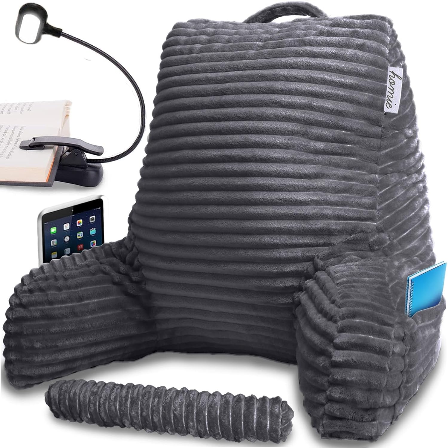Homie Reading Pillow with Reading Light and Wrist Support, Has Arm Rests, and Back Support for Bed Rest, Lounging, Reading, Working on…
