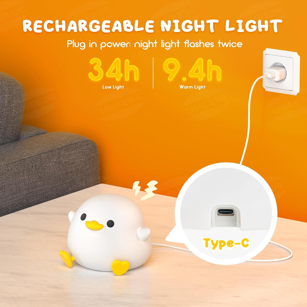 UNEEDE LED Cute Bean Duck Night Light, DoDo Duck Silicone Nursery Night Light Squishy Dimmable Rechargeable Table Bedside Lamp with Touch…