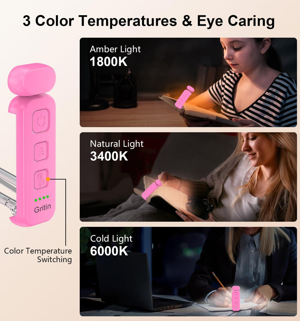 Gritin Reading Light, Book Light for Reading in Bed-Eye Caring 3 Colors, 5-Level Dimmable Brightness, Long Lasting, Compact Size…