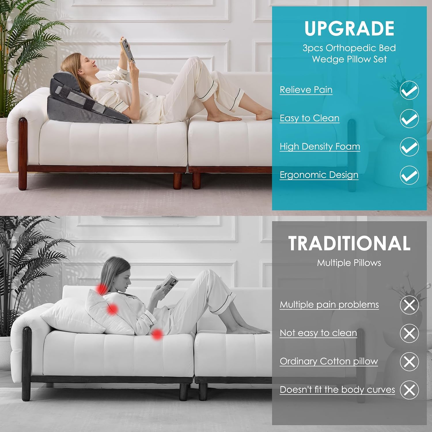 Wgakced 3Pcs Wedge Pillow Set for After Surgery, Acid Reflux Relief, Adjustable Bed Wedge Pillows for Sleeping, Anti Snore, Memory Foam Trian…