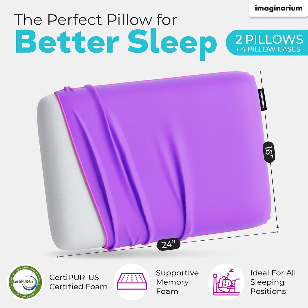 Imaginarium 2 Pack Memory Foam Pillows for Bed – 16" x 24" Standard – Fun Decorative Colorful Pillow for Sleeping – Back, Stomach & Side…