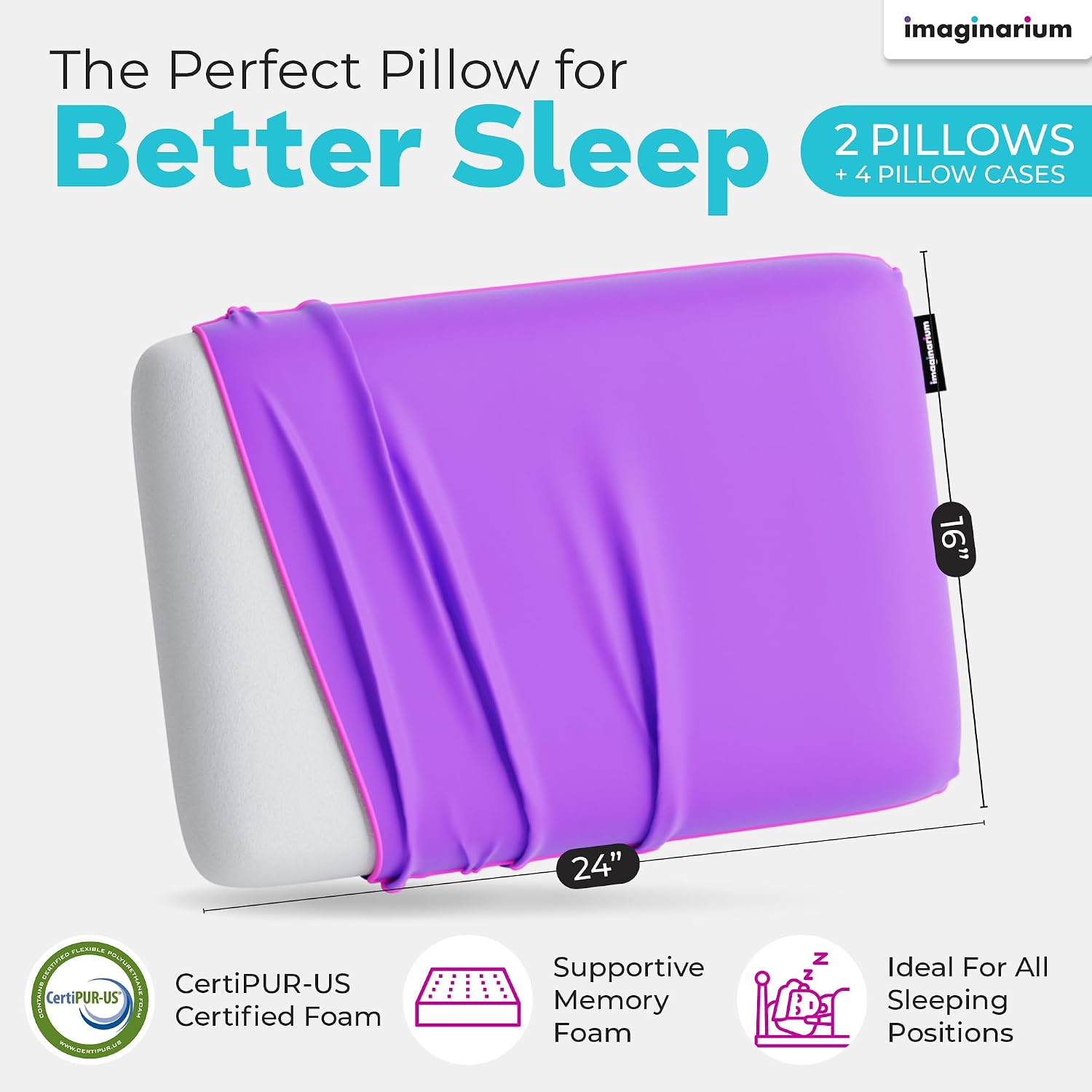 Imaginarium 2 Pack Memory Foam Pillows for Bed – 16" x 24" Standard – Fun Decorative Colorful Pillow for Sleeping – Back, Stomach & Side…