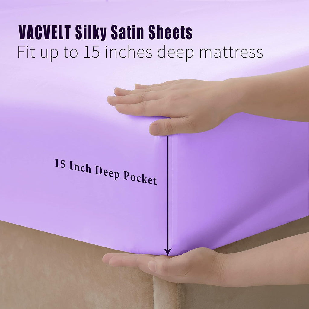 VACVELT 4pcs Lavender Satin Sheets King Size Bed Set, 15 Inch Deep Pocket Silky Satin Sheet Set, Soft Satin Bedding Set Cooling & Luxury…