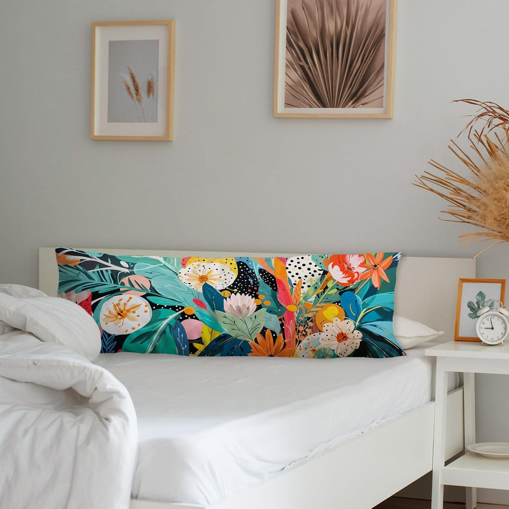 Abstract Boho Tropical Floral Body Pillow Covers 20x54, Trendy Maximalist Eclectic Colorful Botanical Long Body Pillow Case Cover with…