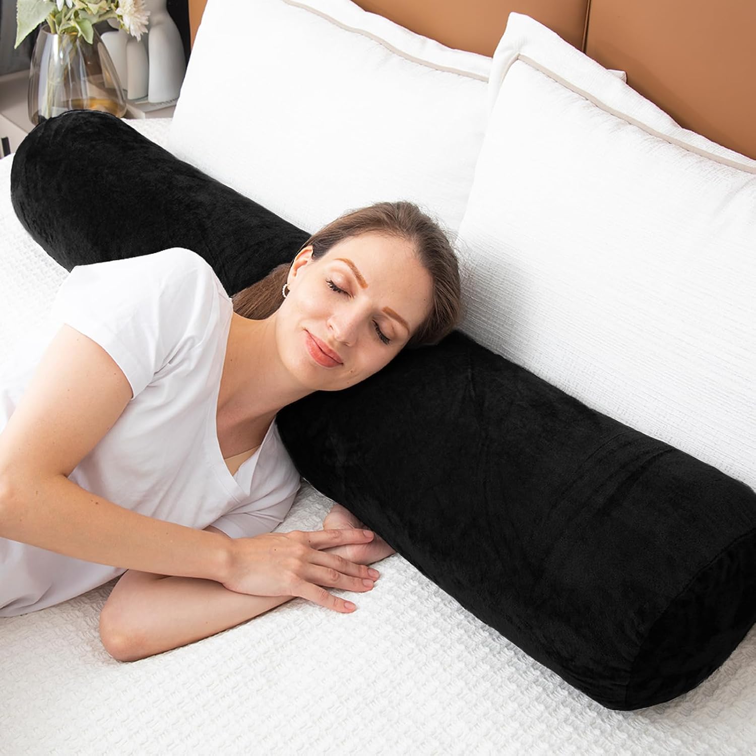 1 MIDDLE ONE Round Body Pillow for Adults, Long Bolster Pillow for Bed with Removable Velvet Cover, Decorative Tube Roll Cylinder Pillow…