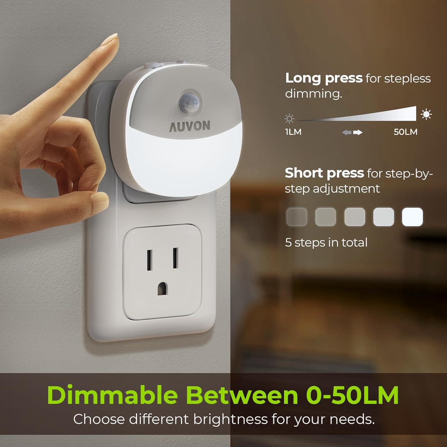AUVON Plug in Night Light with Motion Sensor and Dusk to Dawn Sensor, Mini Cool White LED Nightlight with 1-50 lm Adjustable Brightness…