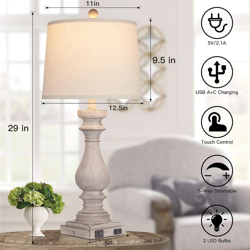 Cinkeda 29" Tall Table Lamp for Living Room Set of 2, Vintage Bedside Nightstand Lamps with USB C+A Ports & AC Outlet,3-Way Dimmable Touch…