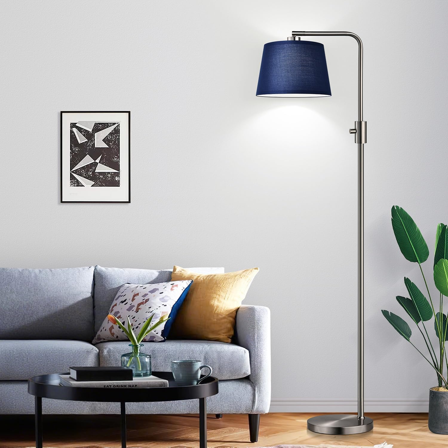 Nintiue Dimmable Floor Lamp, 1000 Lumens LED Edison Bulb Included, Brushed Nickel Arc Standing Tall Floor Lamp with Blue Shade for Living…