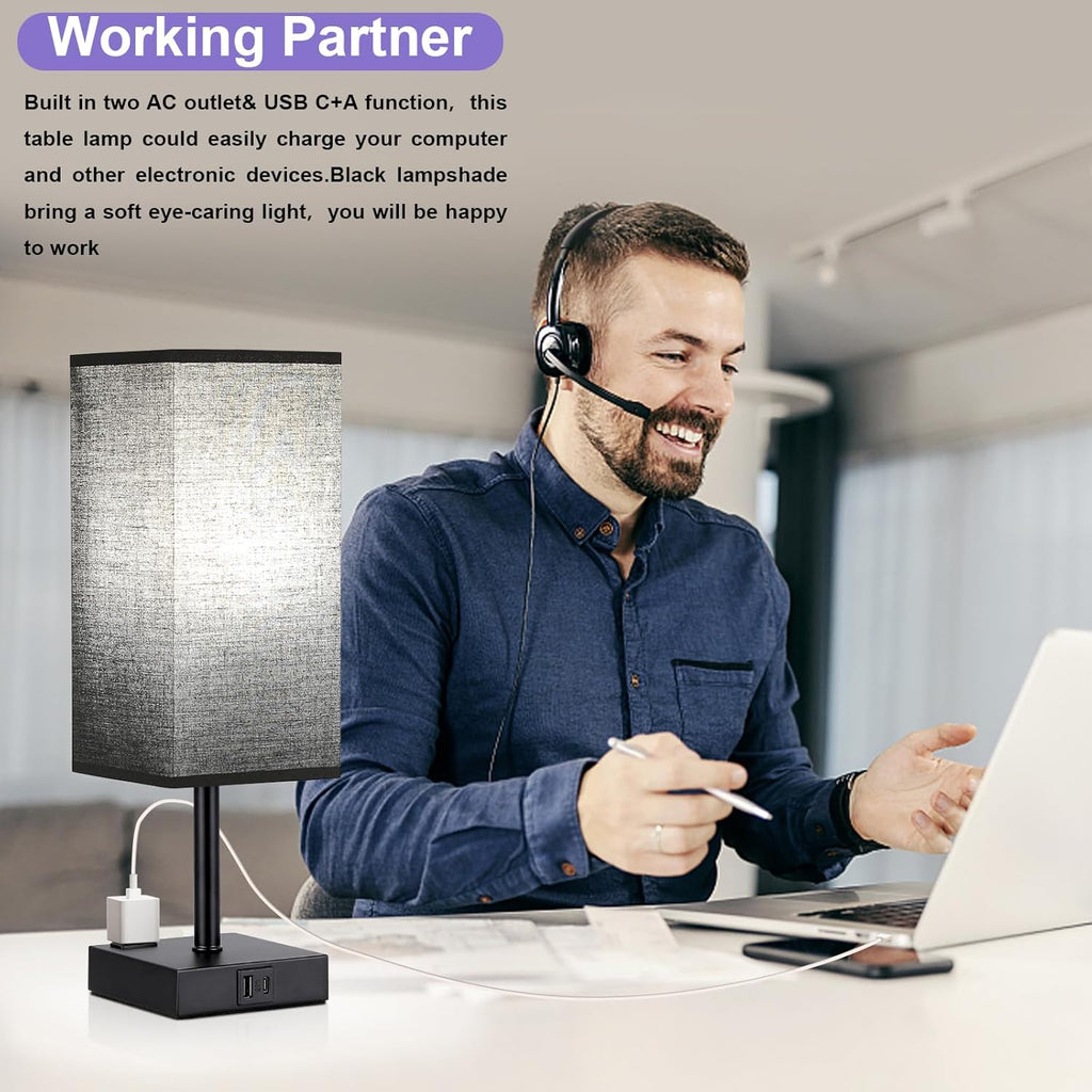 aooshine Black Lamp for Bedroom-Touch Lamp with USB-C+A and AC Outlets,3 Way Bedside Nightstand Square Table Lamp for Kids, Guest Room…