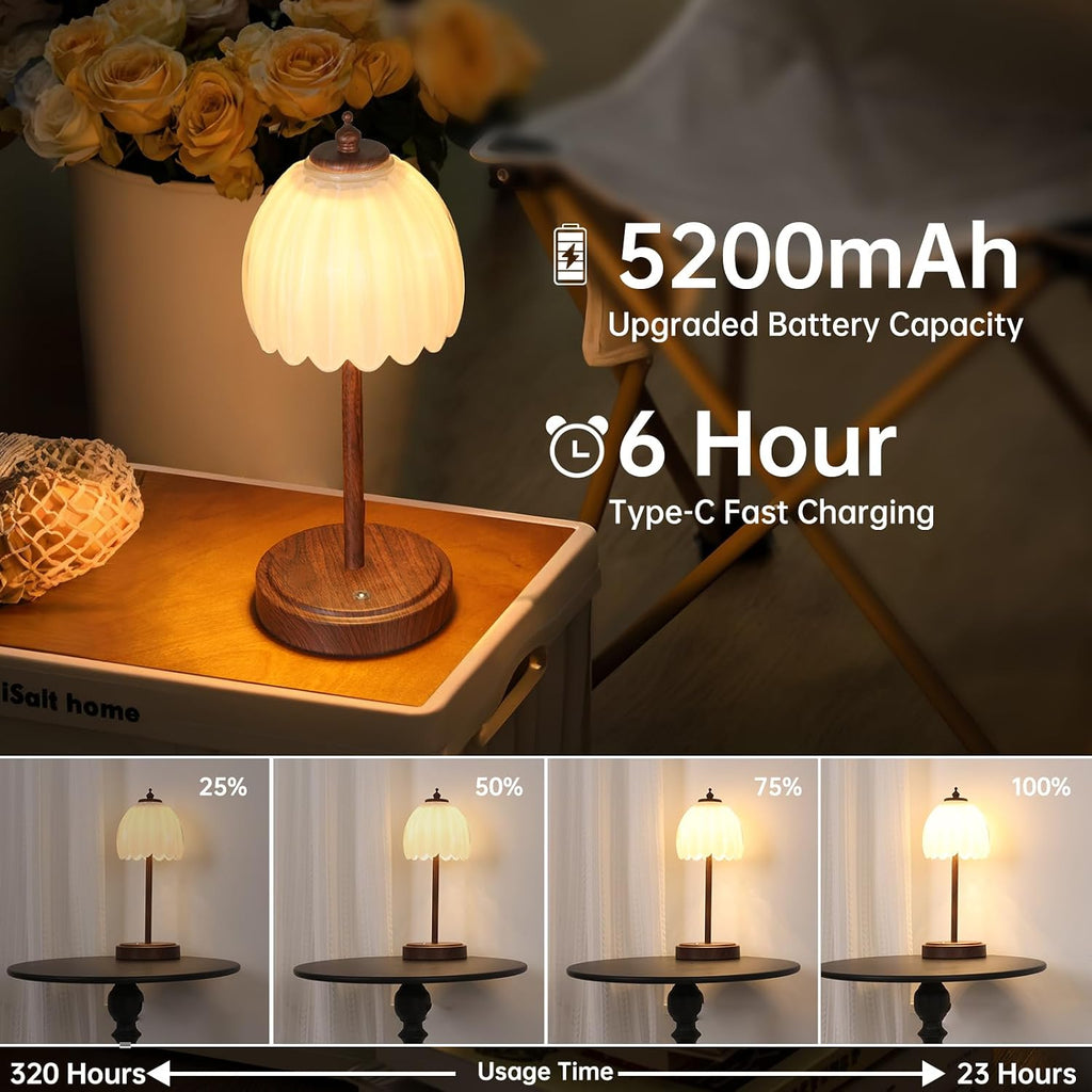 Shenmoyl Tulip Table Lamp with 5200mAh Battery & Touch Control, Small Cordless Table Lamp with 3 Colors, Rechargeable Battery Operated…