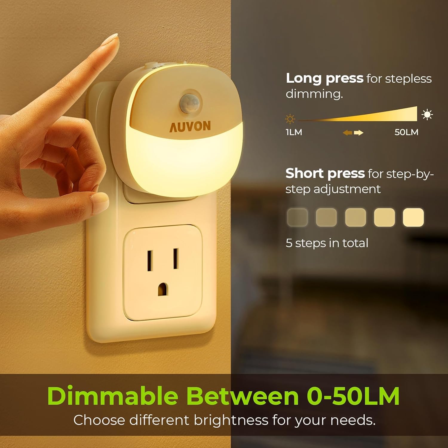 AUVON Plug in Night Light with Motion Sensor and Dusk to Dawn Sensor, Mini Warm White LED Nightlight with 1-50 lm Adjustable Brightness…