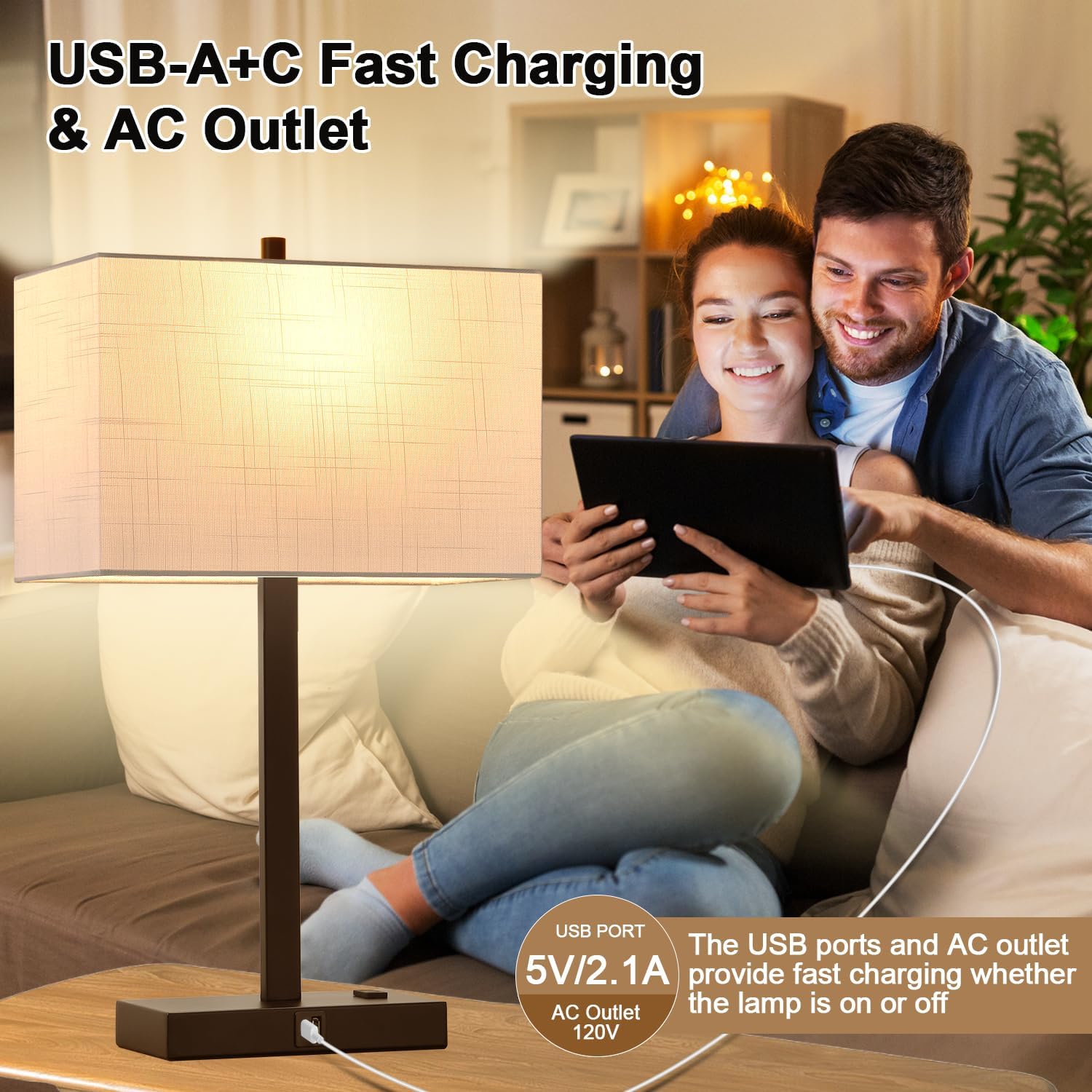 21" Touch Bedside lamps with 2 USB & AC Outlets, 3-Way Dimmable Bedside Table Lamps Set of 2 for Bedroom Living Room Office Reading…