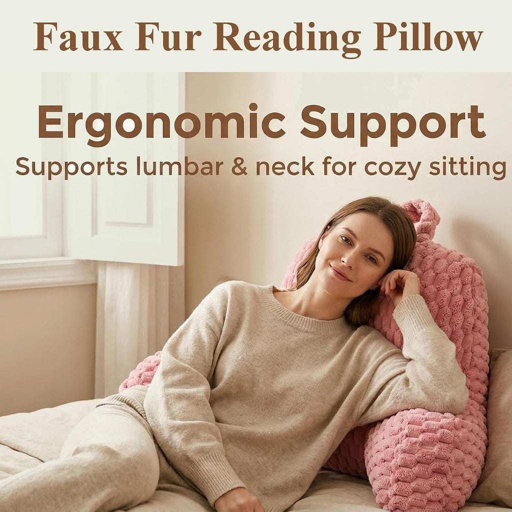 Faux Fur Reading Pillow for Bed Adults, Ultra Soft Plush Floor Backrest Pillow with Side Pockets for Bed & Couch, Perfect for Reading…