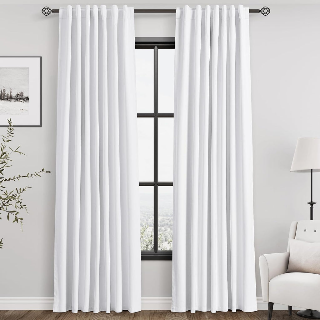 Nanspring White Linen Blackout Curtains 84 Inches Long 2 Panels for Living Room Back Tab Modern Cotton Textured Pure White Black Out Curtai…