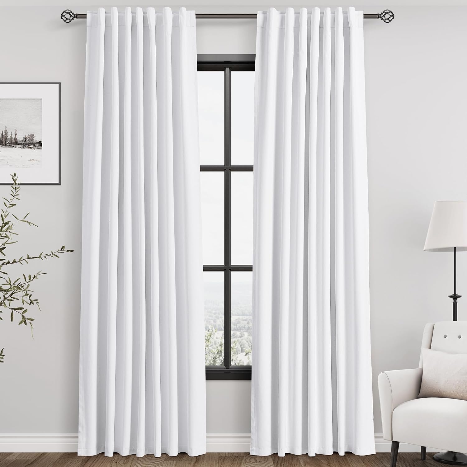 Nanspring White Linen Blackout Curtains 84 Inches Long 2 Panels for Living Room Back Tab Modern Cotton Textured Pure White Black Out Curtai…