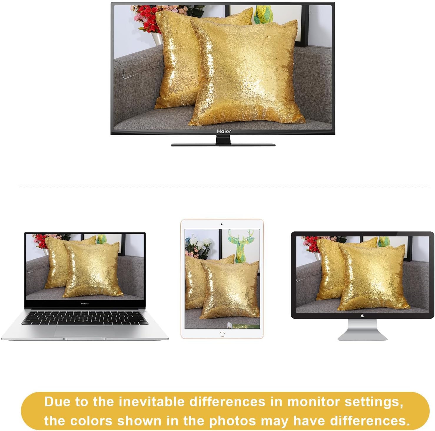 Eternal Beauty Set of 2 Sequin Decorative Pillow Cover Gold Pillow Covers for Couch Sofa Throw Pillows 18 X 18 Inches