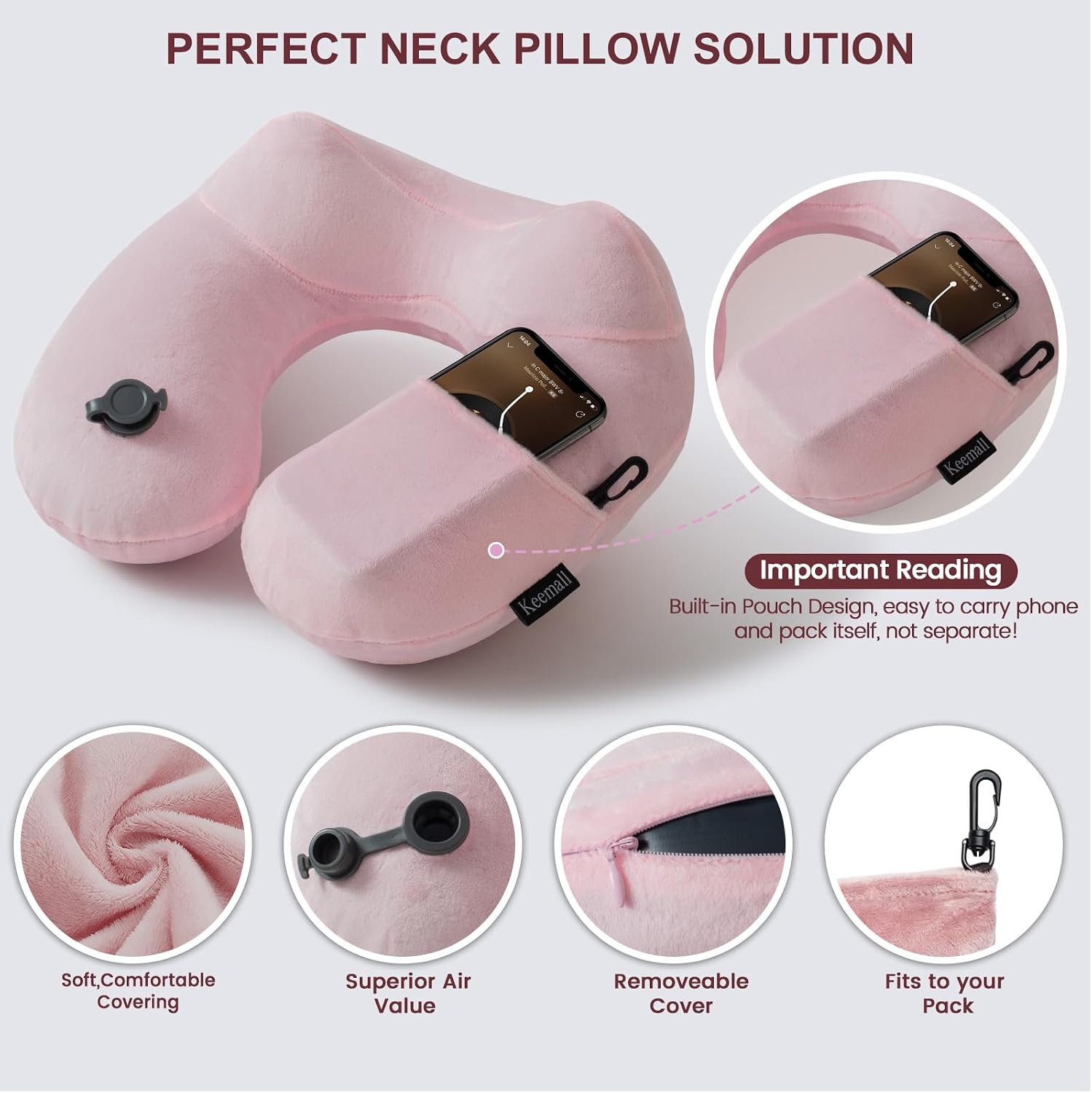 Keemall Inflatable Travel Pillow, Premium Soft Pink Velvet Neck Pillow, Washable Lightweight Portable Travel Essentials for Flight Road…