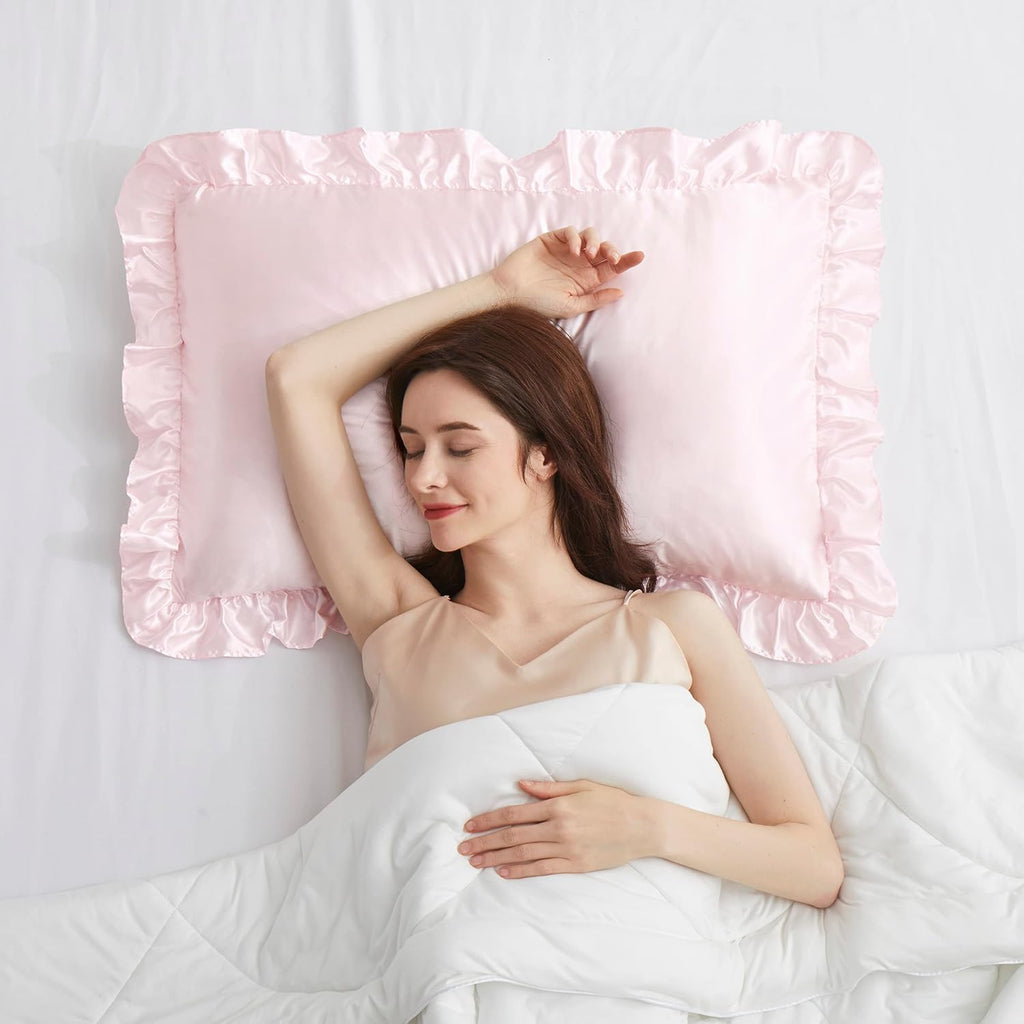 HommxJF Blush Pink Satin Ruffled Pillow Cases for Hair and Skin, Blush Pink Silk Pillowcases Standard Set of 2 with Envelope Closure Princes…