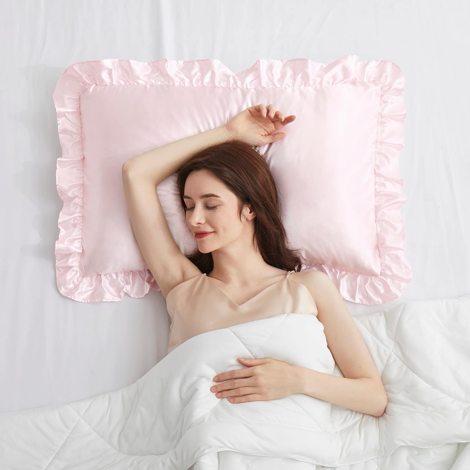 HommxJF Blush Pink Satin Ruffled Pillow Cases for Hair and Skin, Blush Pink Silk Pillowcases Standard Set of 2 with Envelope Closure Princes…