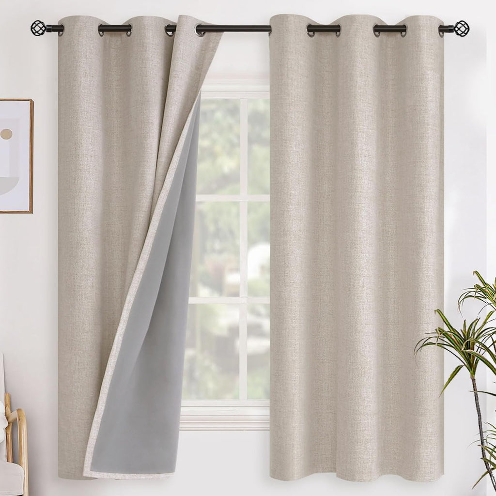 YoungsTex Oatmeal Linen Blackout Curtains for Bedroom 63 Inch Length, Light Blocking Short Window Drapes for Living Room Farmhouse Thermal…