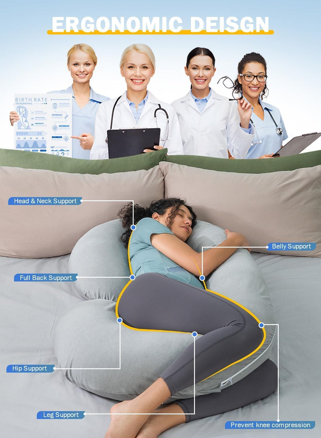 INSEN Cooling Pregnancy Pillow, Maternity Pillow with Soft Tencel Cover, C Shaped for Pregnant Women and Side Sleeping, Dark Gray