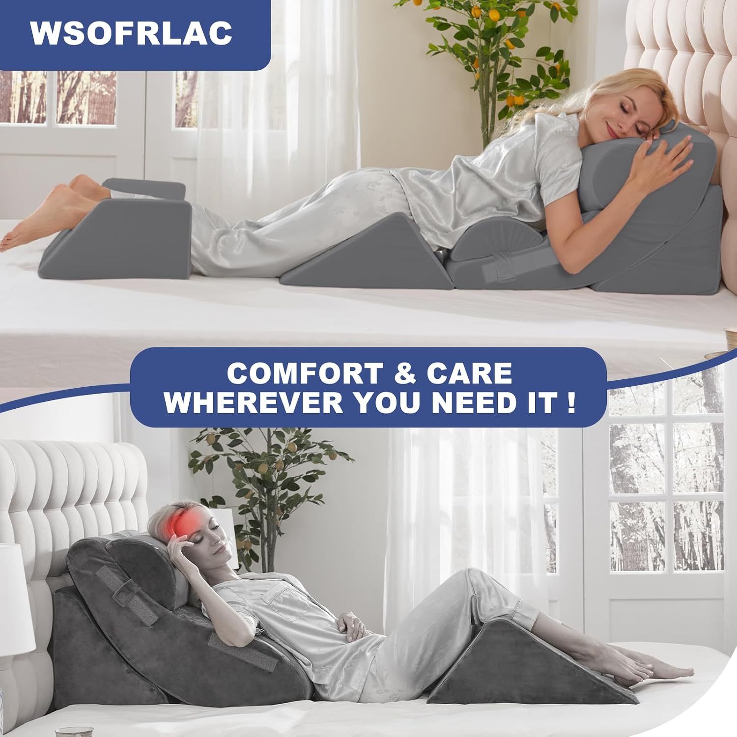 WSOFRLAC 6PCS Multi-Functional Bed Wedge Pillow Kit - 7-in-1 Orthopedic Support for Back/Neck/Legs, Post Surgery Recovery & Sitting Up in…