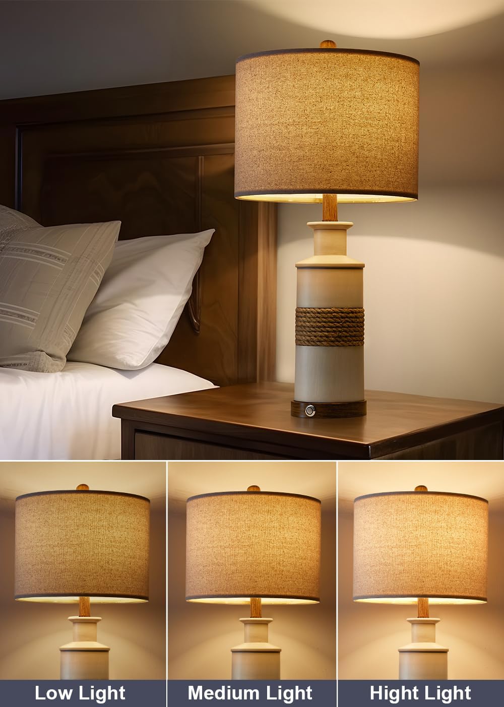 BOBOMOMO 24.5" Farmhouse Boho Table Lamps Set of 2, Hand-Woven Rattan Bedside Lamps with 3-Way Dimmable Touch Control & USB A+C Ports…