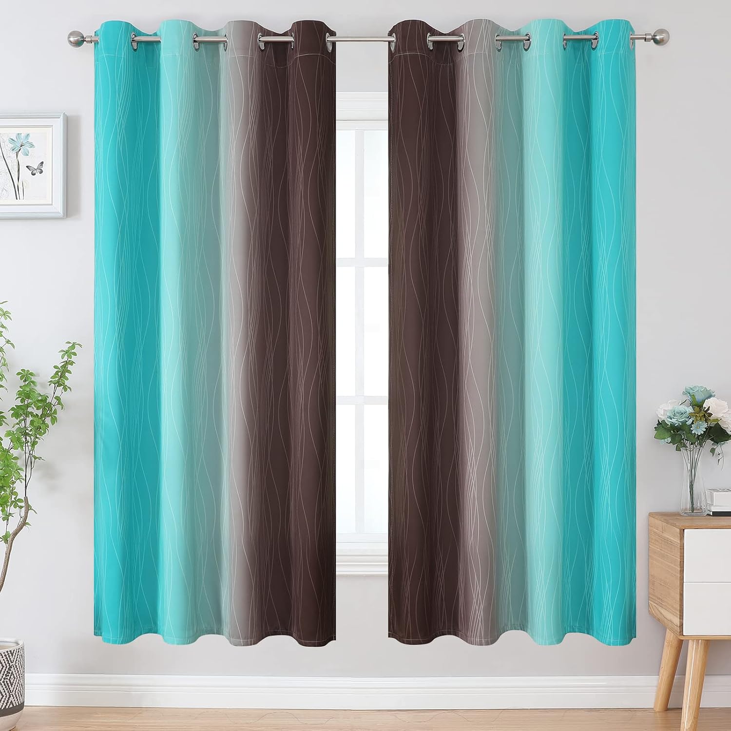 Estelartextiler Estelar Textiler Teal and Brown Ombre Blackout Curtains 72 Inches Length for Bedroom, Thermal Insulated Full Light Blocking…