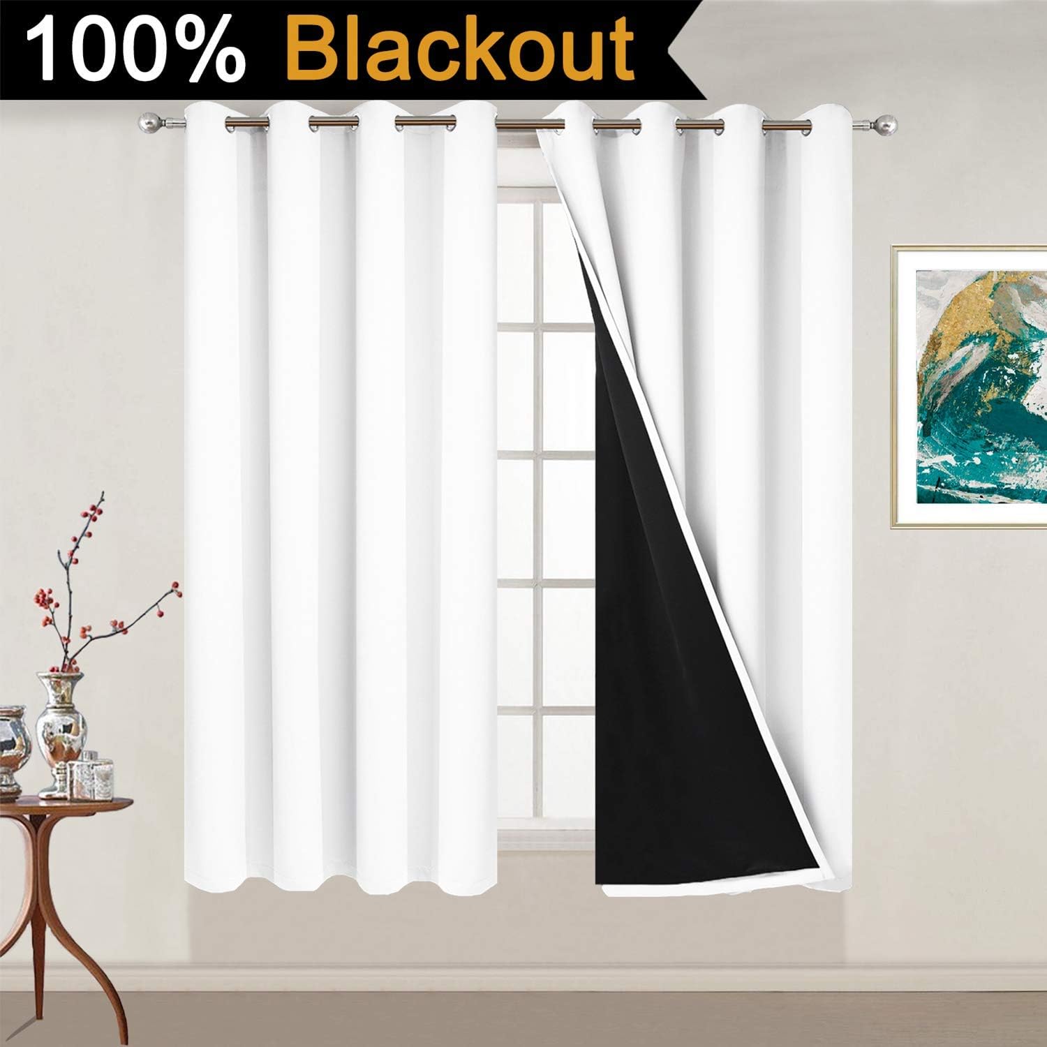 Yakamok Pure White 100% Blackout Curtains Energy Saving Thermal Insulated 2 Thick Layers Completely Blackout Drapes with Black Liner for Be…