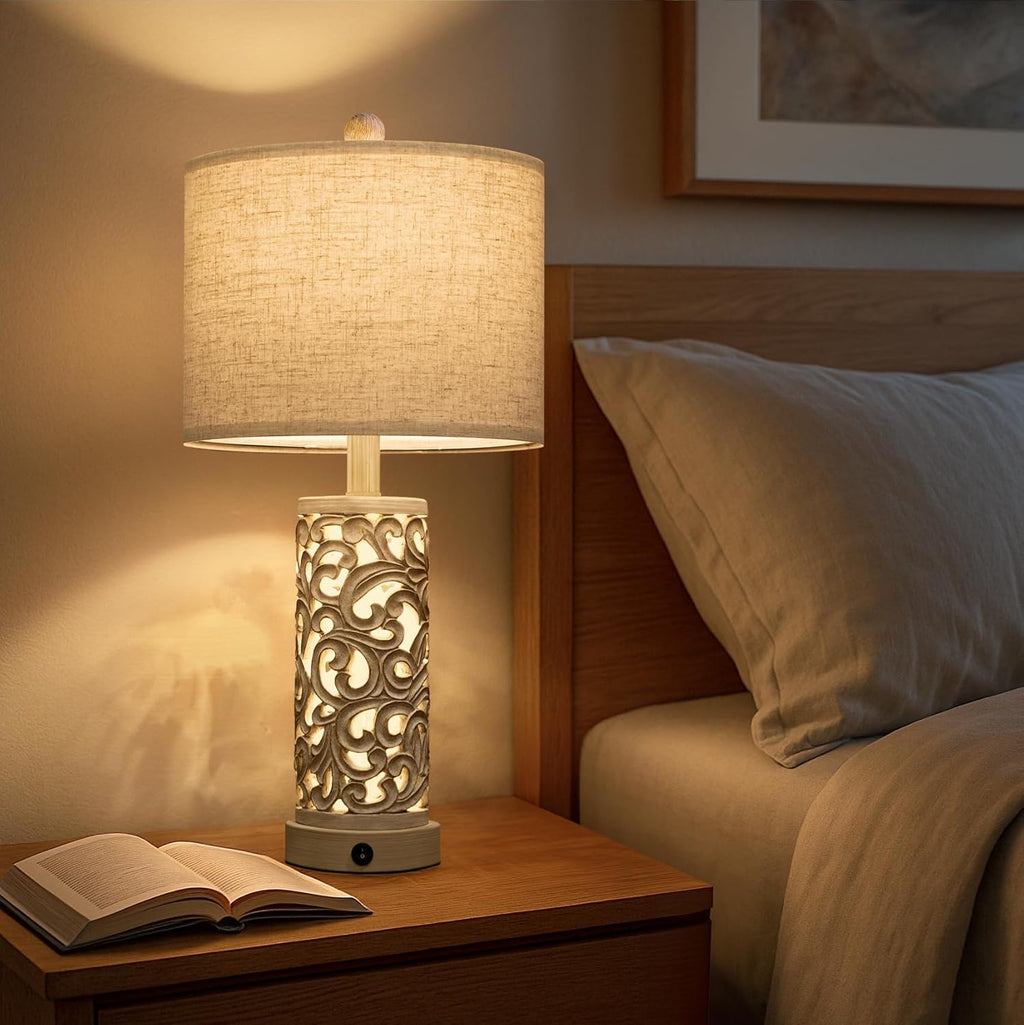 OYEARS 22'' Farmhouse Table Lamp for Living Room, Bedside Lamp with 2 USB Ports for Bedroom, Rustic Nightstand Lamp with Linen Lampshade…