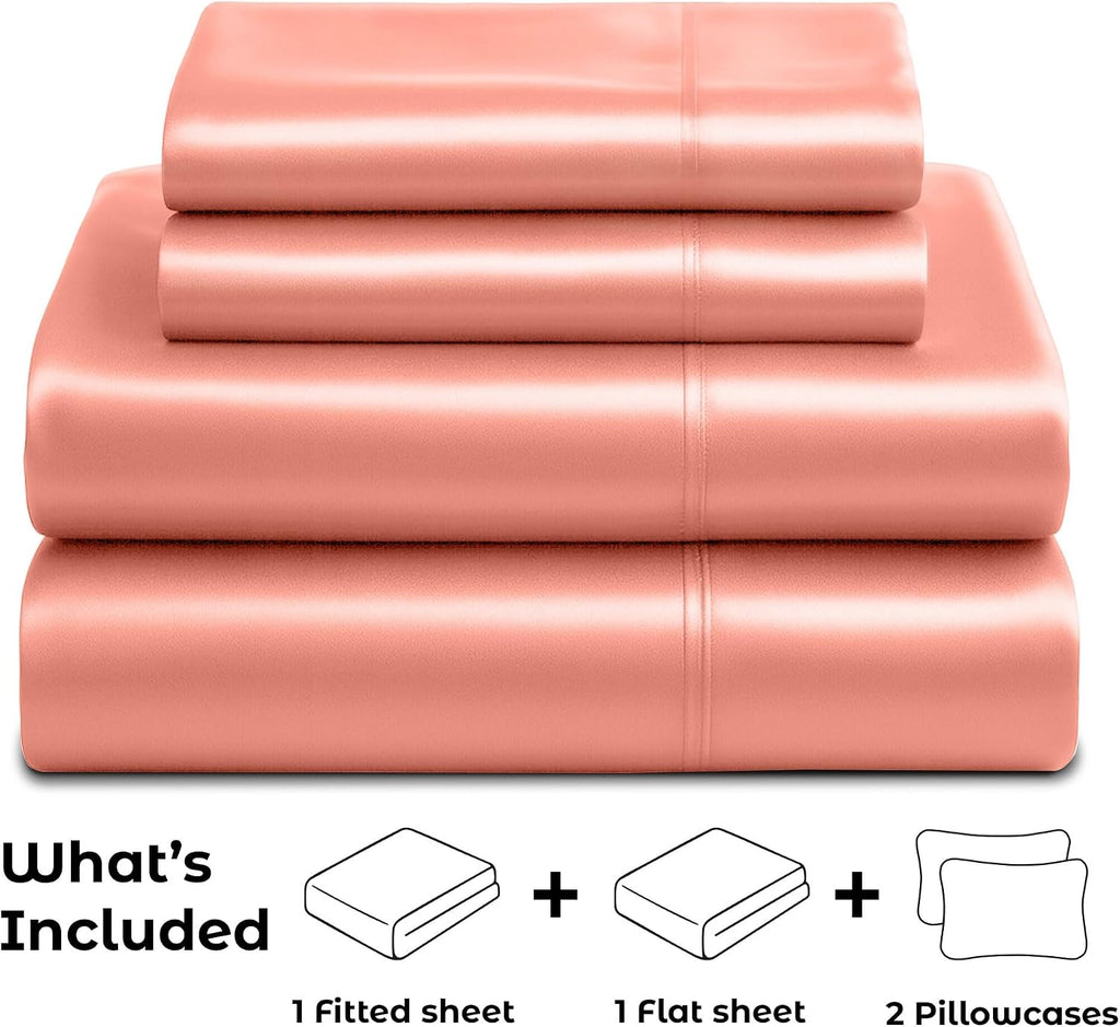 PureBedding Pure Bedding Satin Sheets Queen [4-Piece, Blush Pink] Hotel Luxury Silky Bed Sheets - Extra Soft 1800 Microfiber Sheet Set, Wri…